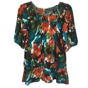 Boho Watercolor Blouse Stretch Neck, Cuffs, Waist